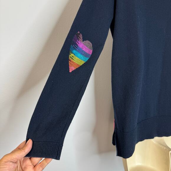 Lisa Todd Patch V-Neck Cotton/Cashmere Sweater Sequin Elbow Patches Navy XS - Picture 8 of 14